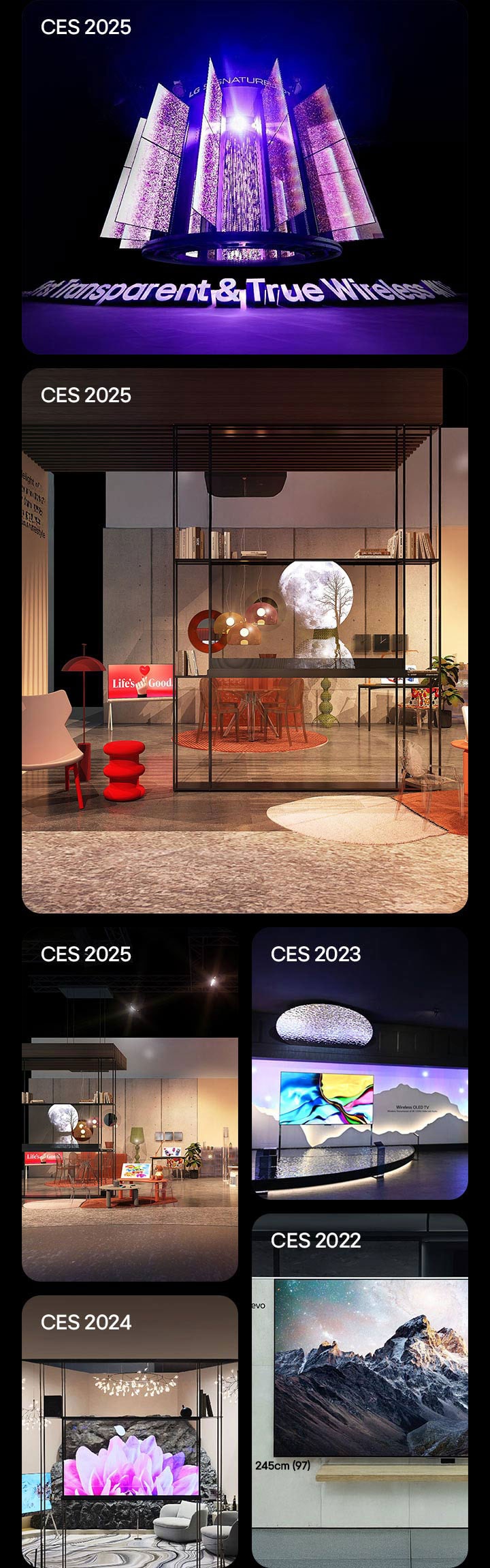 Different LG OLED exhibits and installations at CES are featured. This covers CES 2022, CES 2023, CES 2024, and CES 2025. 
