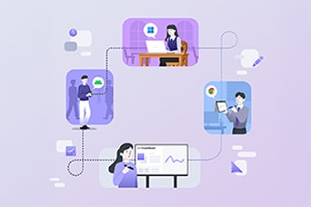 An illustration showing people collaborating through LG CreateBoard Lab across various devices in different situations, seamlessly continuing their work.
