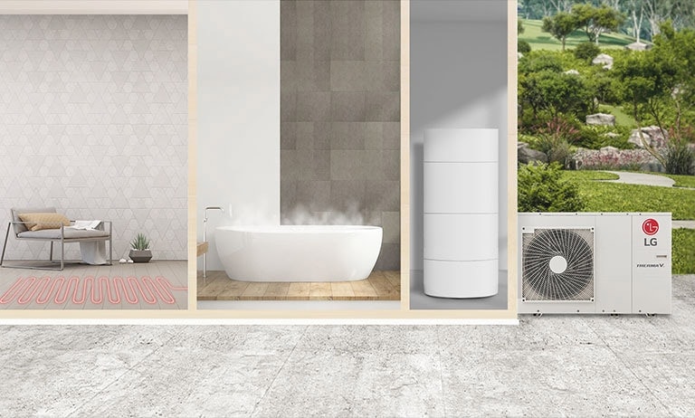 An image that shows a living room, a bathroom, a boiler room, and exterior of the house in one shot.