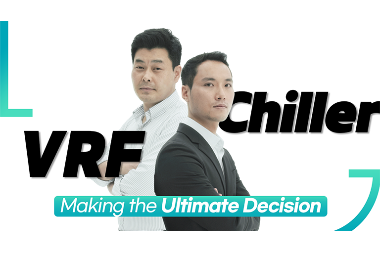 &quot;Two men are crossing their arms and turning their backs on each other. (text) VRF Chiller Making the Ultimate Decision&quot;