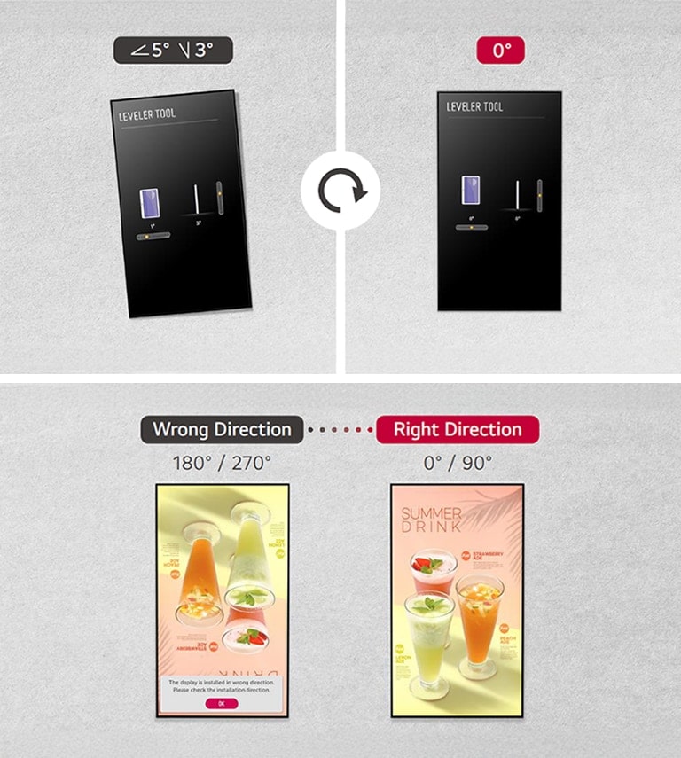 A display is installed without tilting using the Leveler Tool. With the equipped Horizontal Sensor Tool, the display can be reinstalled in the correct direction if it is incorrectly installed.