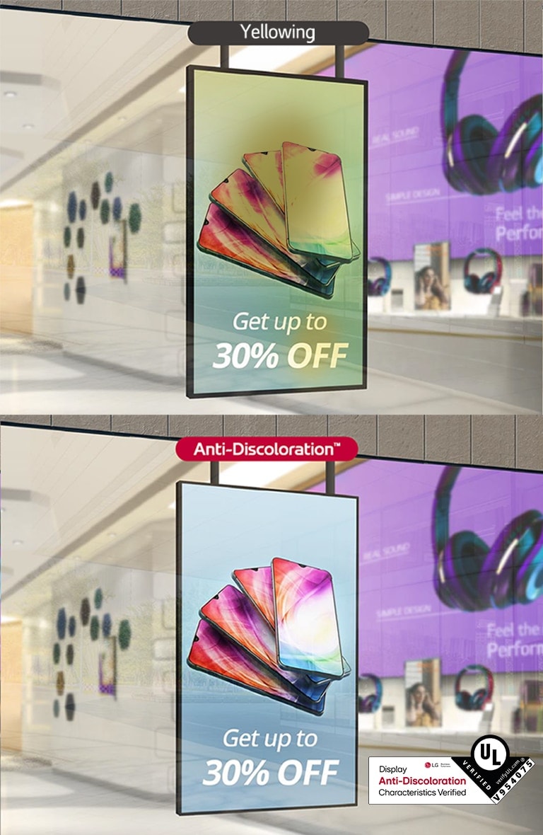 The left side of the screen has yellowing, degrading its quality, but with XS4P, which acquired the UL Verification for Display Anti-Discoloration Features, the screen is clear, safeguarding display quality.