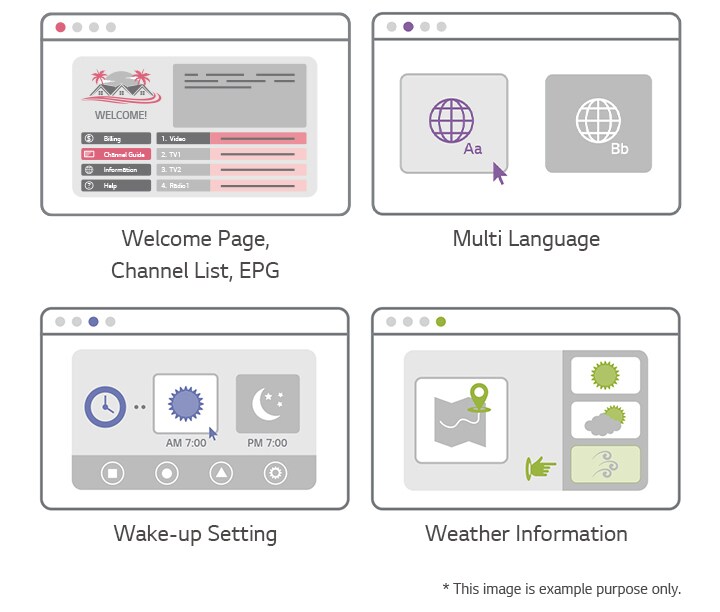 Create and edit UI content without the need for coding, thanks to user-friendly Pro:Centric UI management tools. With a range of stylish templates provided, the hotel TV experience can be enriched with bespoke content, delivered in a way that’s impactful yet unobtrusive. Ultimately, this delivers a warmer welcome to the guest.
