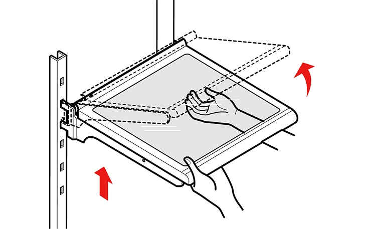 If the top shelf located below the water filter is in the highest position it will need to be removed prior to replacing the water filter To remove any shelf tilt up the front of the shelf and lift it Pull the shelf out