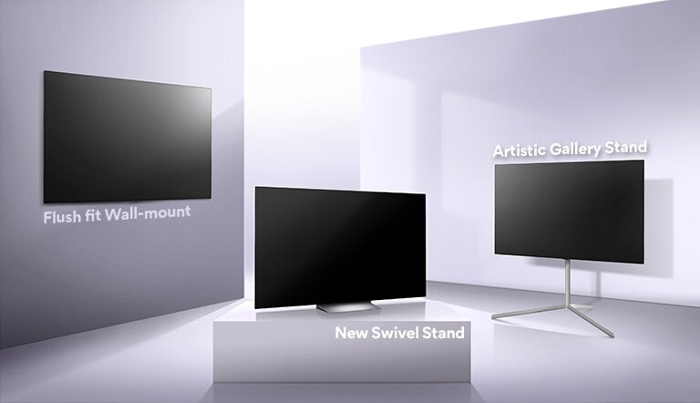An image that describes the design and installation options of a product. Left - Flush fit wall-mount / Center - New Swivel stand / Right - Artistic Gallery Stand