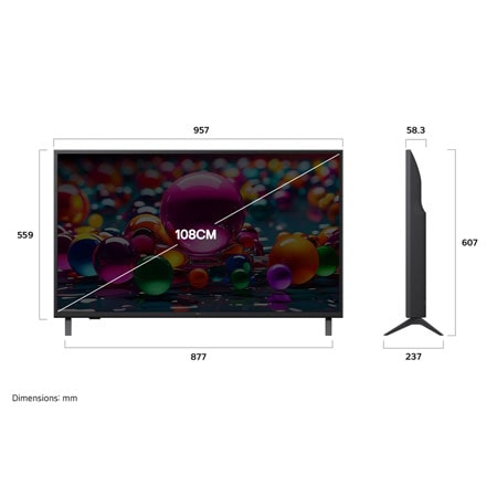 Front view and side view of LG UHD AI  UA75 4K Smart TV showing its length, width, height, and depth dimensions.