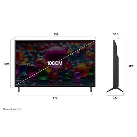 Front view and side view of LG UHD AI  UA75 4K Smart TV showing its length, width, height, and depth dimensions.