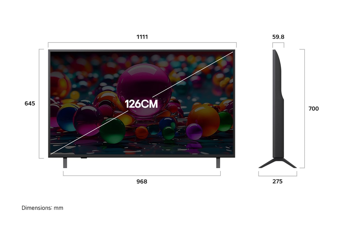 Front view and side view of LG UHD AI  UA82 4K Smart TV showing its length, width, height, and depth dimensions.