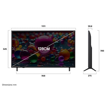 Front view and side view of LG UHD AI  UA83 4K Smart TV showing its length, width, height, and depth dimensions.