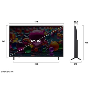 Front view and side view of LG UHD AI UA75 4K Smart TV showing its length, width, height, and depth dimensions.