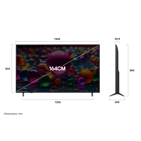 Front view and side view of LG UHD AI  UA75 4K Smart TV showing its length, width, height, and depth dimensions.