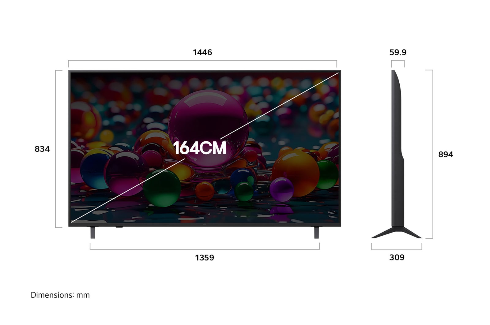 Front view and side view of LG UHD AI  UA82 4K Smart TV showing its length, width, height, and depth dimensions.