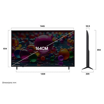 Front view and side view of LG UHD AI  UA82 4K Smart TV showing its length, width, height, and depth dimensions.
