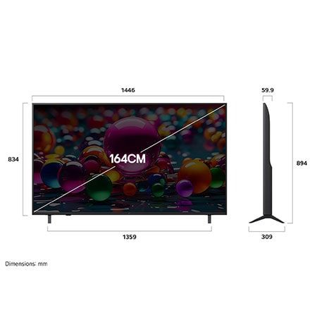 Front view and side view of LG UHD AI  UA75 4K Smart TV showing its length, width, height, and depth dimensions.