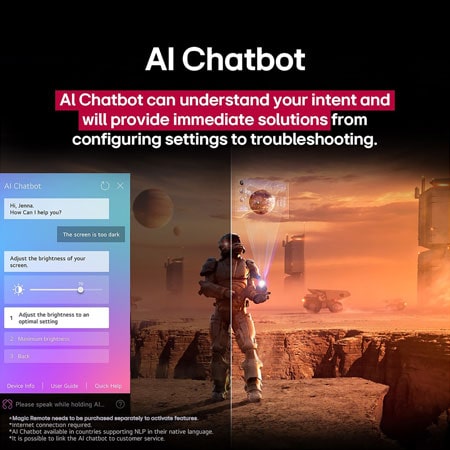 Sci-fi content is playing on an LG TV screen. On the screen is the Al Chatbot interface. The user messaged the chatbot saying that the screen is too dark. The chatbot offered solutions to the request. The whole scene is also split in two. One side is darker, the other side is brighter, showing how Al Chatbot solved the issue for the user automatically. Text explains Al Chatbot can understand user intent and provide solutions to troubleshoot.