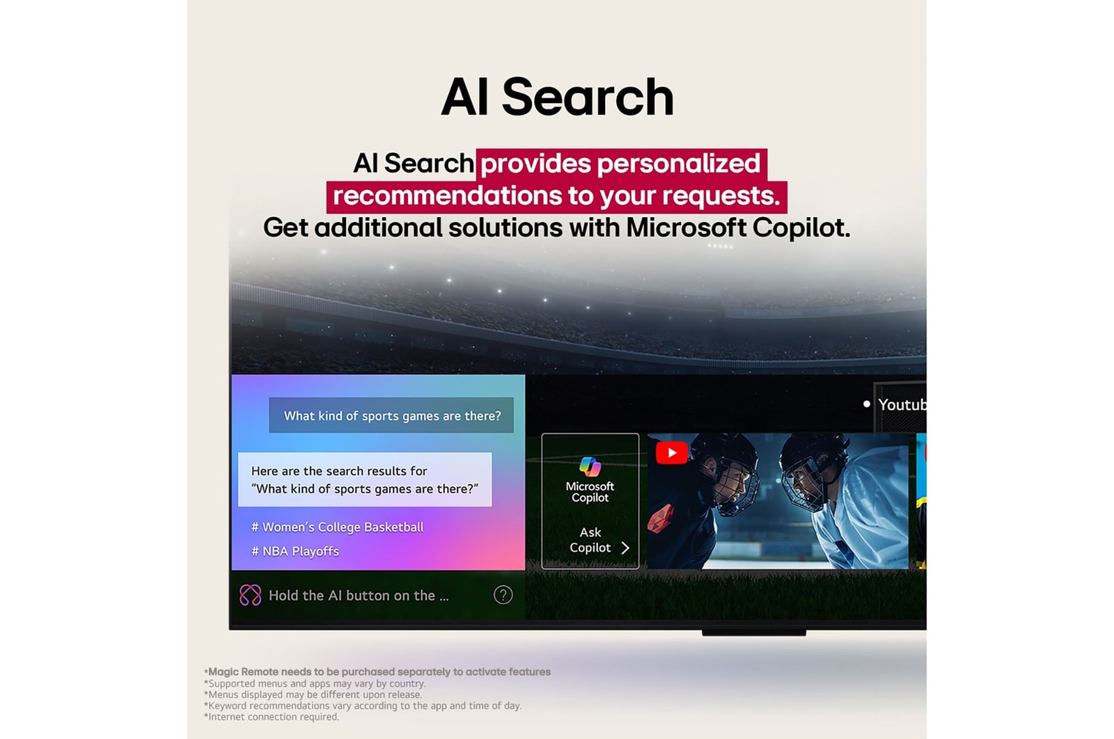 Close-up of an LG TV screen showing how AI Search works. A small chat window is open showing how the user asked for what sports games are available. AI search responded via chat and by showing thumbnails of available content. There is also a prompt to ask Microsoft Copilot. 