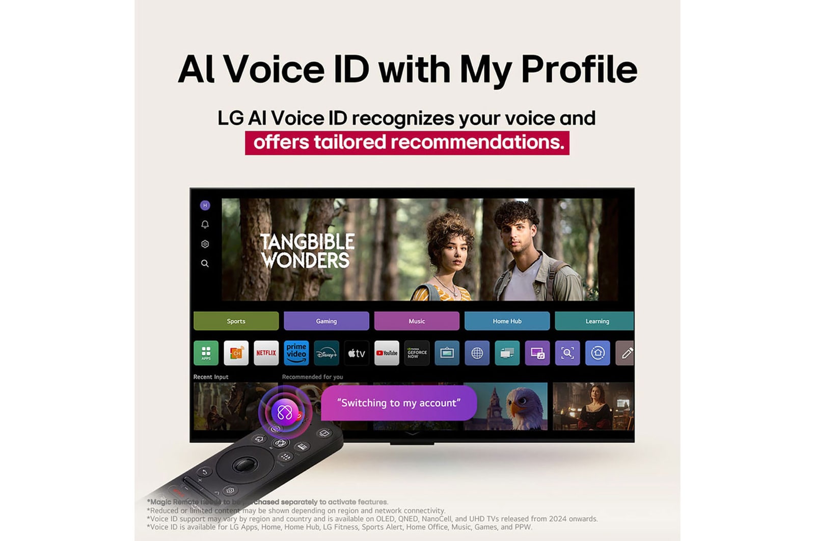 LG AI Magic Remote with the AI button highlighted. Around it are the different functionalities that a user can access from the button. AI Voice ID, AI Search, AI Chatbot, AI Concierge, AI Picture Wizard, AI Sound Wizard. The text explains that the LG AI Magic Remote completes your AI experience with a dedicated AI button and can be used like an air mouse. Just point and click.