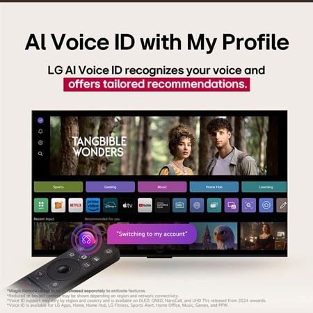 LG AI Magic Remote with the AI button highlighted. Around it are the different functionalities that a user can access from the button. AI Voice ID, AI Search, AI Chatbot, AI Concierge, AI Picture Wizard, AI Sound Wizard. The text explains that the LG AI Magic Remote completes your AI experience with a dedicated AI button and can be used like an air mouse. Just point and click.