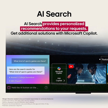 Close-up of an LG TV screen showing how AI Search works. A small chat window is open showing how the user asked for what sports games are available. AI search responded via chat and by showing thumbnails of available content. There is also a prompt to ask Microsoft Copilot. 