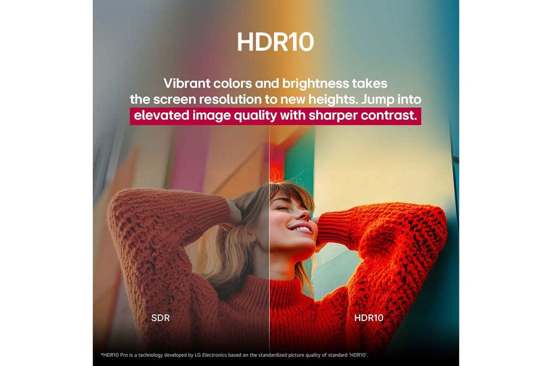 A photo of a girl in a red sweater split down the middle to show the left side in SDR and the right side in HDR10 Pro. The right side of the image is more sharp and in contrast in comparison to the left side of the image. The title talks about how HDR10 Pro provides elevated image quality and sharper contrast. 