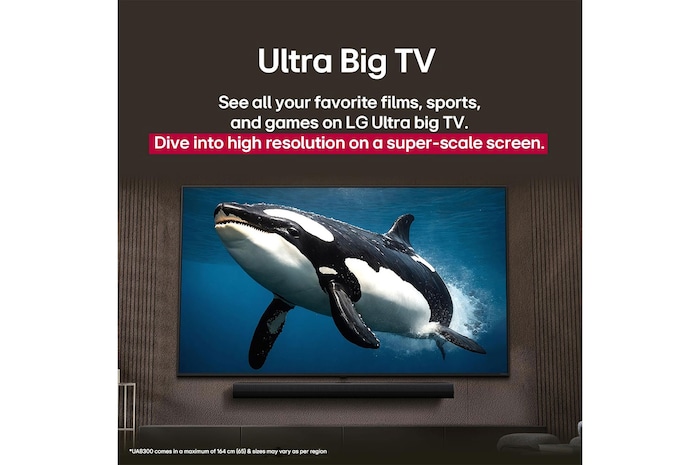 LG TV with an impressively large screen mounted on a wall above a LG Soundbar in a modern style living room.