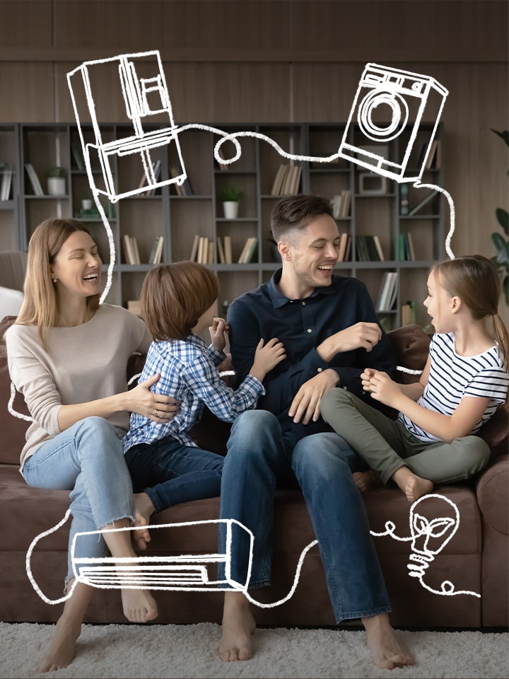 The family is sitting on the couch laughing. Around them are white line-drawing of refrigerator, washing machine, and air conditioner.