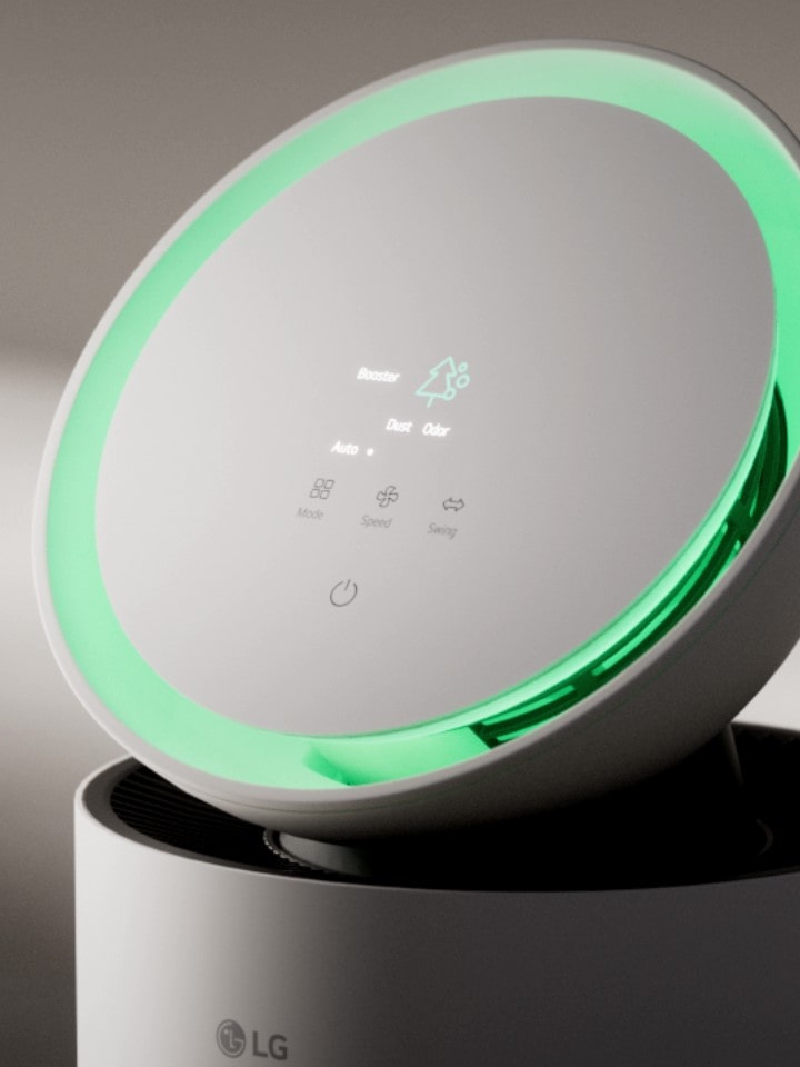 LG air purifier, featuring a slim, sleek design and elegant aesthetics for modern living spaces.	