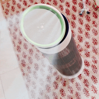 Showcasing LG air purifier's Dual Airflow and Clean Booster, releasing clean air upward and downward