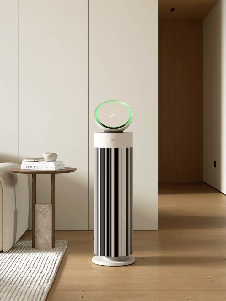 Video showcasing LG air purifier's premium design, fitting seamlessly into various spaces with refined, modern aesthetics