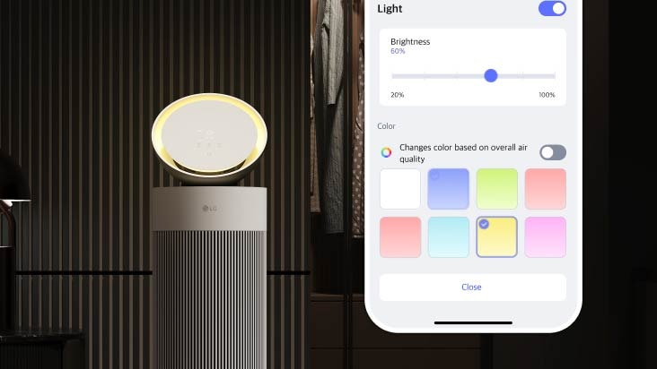 LG air purifier's mood lighting feature, allowing users to change color and brightness via the LG ThinQ app