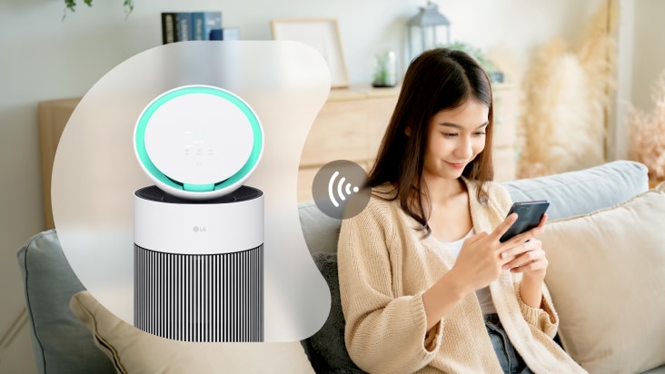 LG air purifier connected to a smartphone via Wi-Fi, highlighting convenient control and monitoring through the LG ThinQ app