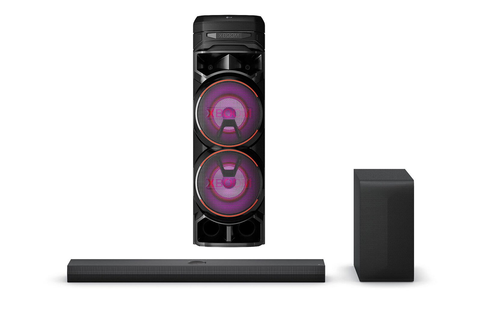 Front view of LG XBOOM RNC9 Bluetooth Speaker + SQ70TY Dolby Atmos, 3.1.1Ch, 400W Soundbar, Perfect Match for QNED RNC9.ASQ70TY