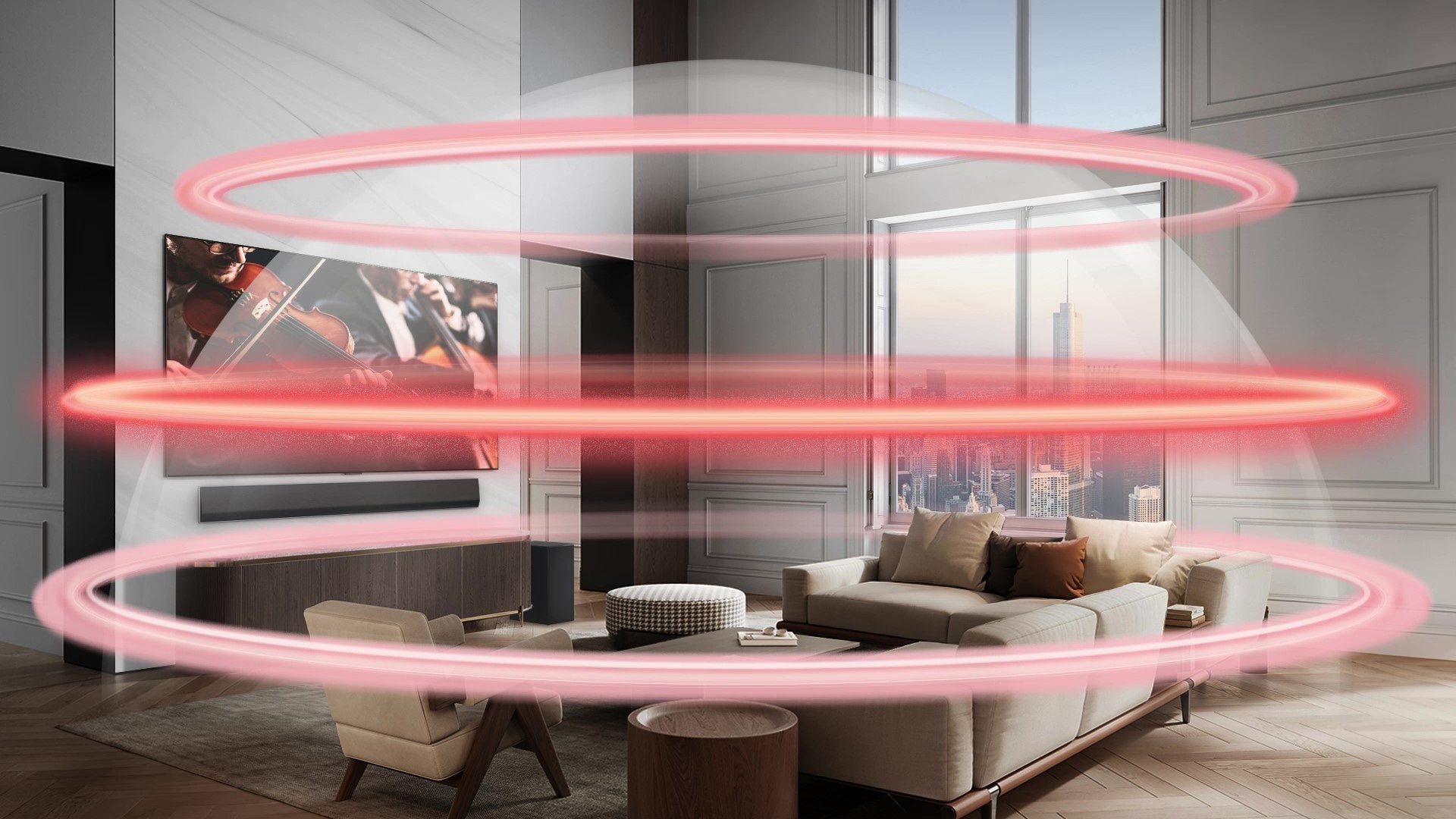 LG Soundbar und LG TV befinden sich in einer großen Stadtwohnung. Drei rote Bänder erscheinen nacheinander und stellen virtuelle Ebenen dar, die sich zu einer ganzen Klangkuppel zusammenfügen.	