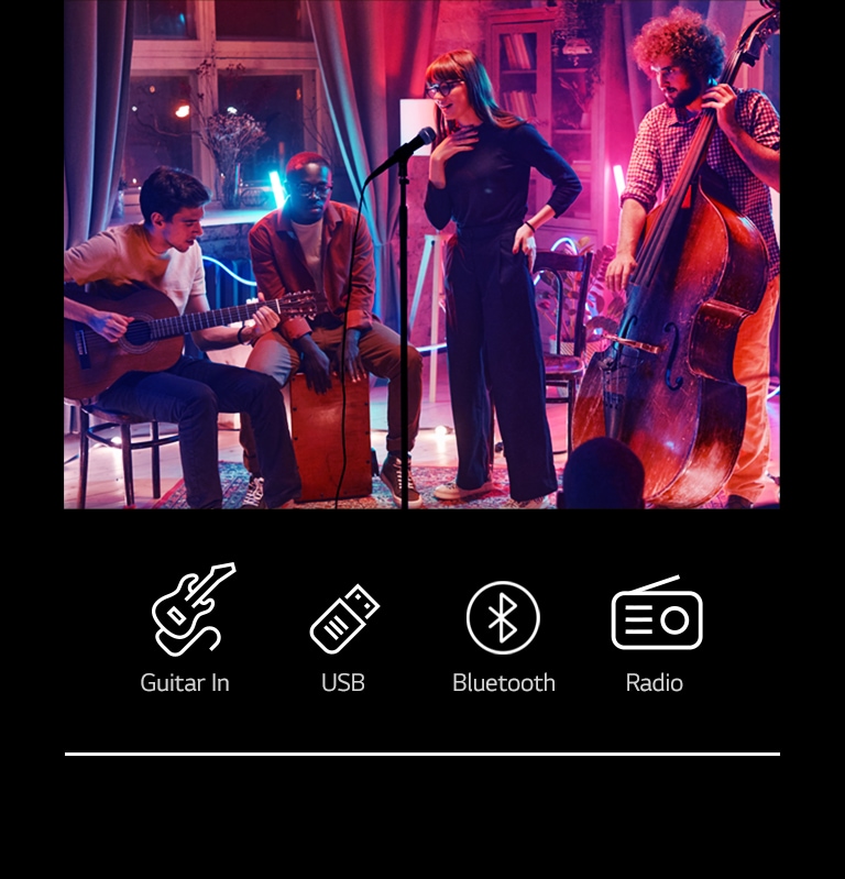 LG RNC5 A concert scene. Guitar In, USB, Bluetooth, and Radio icons are shown below the image.