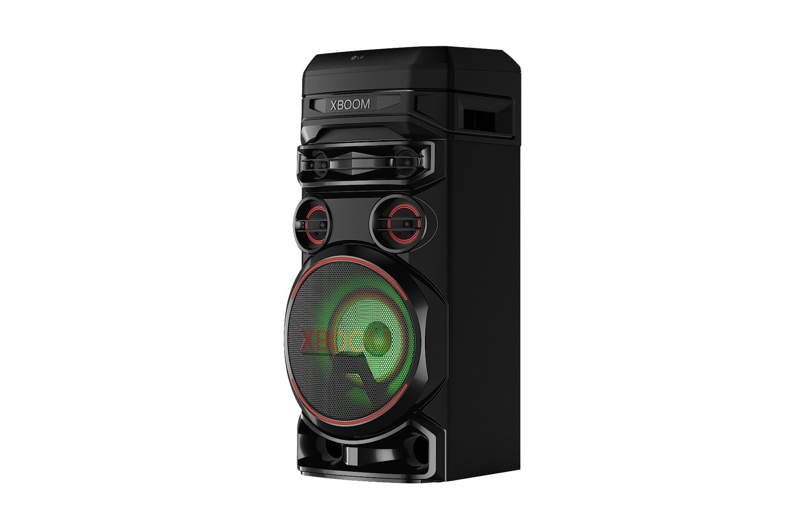 LG RNC7 Party Speaker - XBOOM left 30 degree view with green lighting