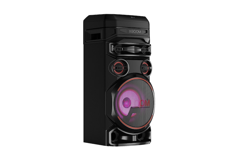 LG RNC7 Party Speaker - XBOOM right 30 degree view with purple lighting