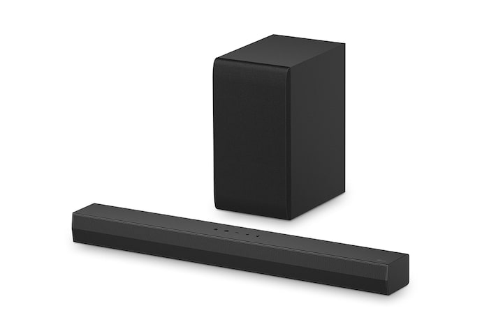 Angled view of LG Soundbar S40T and subwoofer