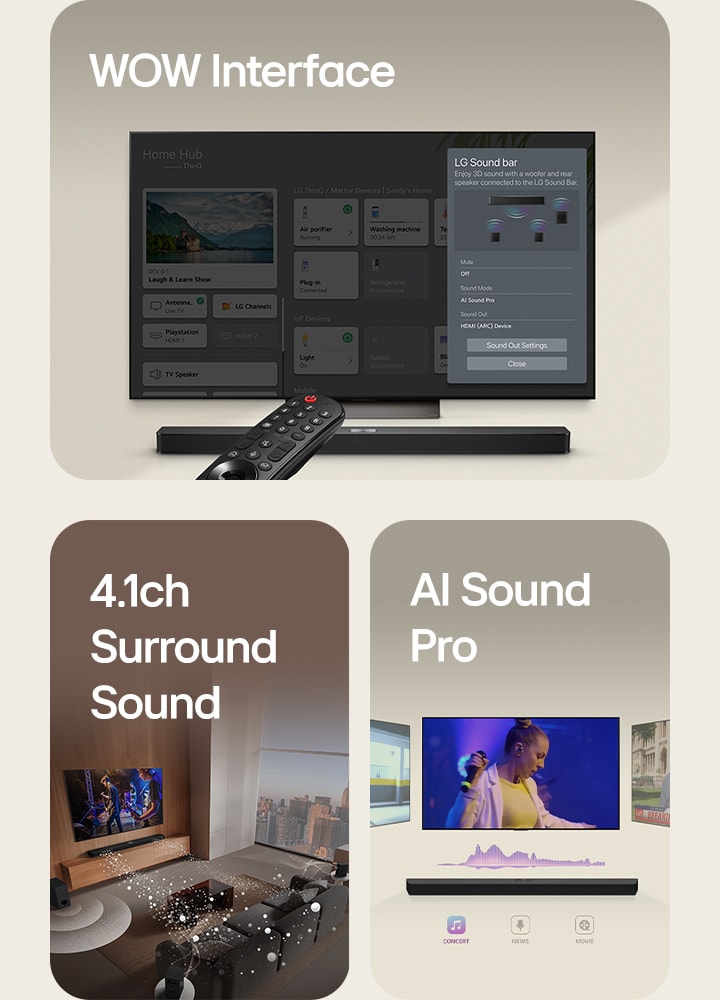 LG Remote is pointing towards a LG TV with LG Soundbar underneath. LG TV is showing the WOW Interface menu on the screen. LG Soundbar, LG TV, rear speakers and subwoofer are in a living room displaying screen image with playing a musical performance. Three branches of white soundwaves made up of droplets project from the soundbar and a subwoofer is creating a sound effect from the bottom. LG Soundbar with three differing TV screens above. One shows a movie, one shows a concert, and the other shows a news broadcast. Below the soundbar, there are three icons to show each genre.