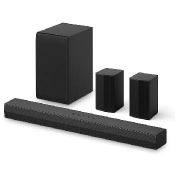 Angled view of LG Soundbar S40TR, subwoofer, and Rear Speakers