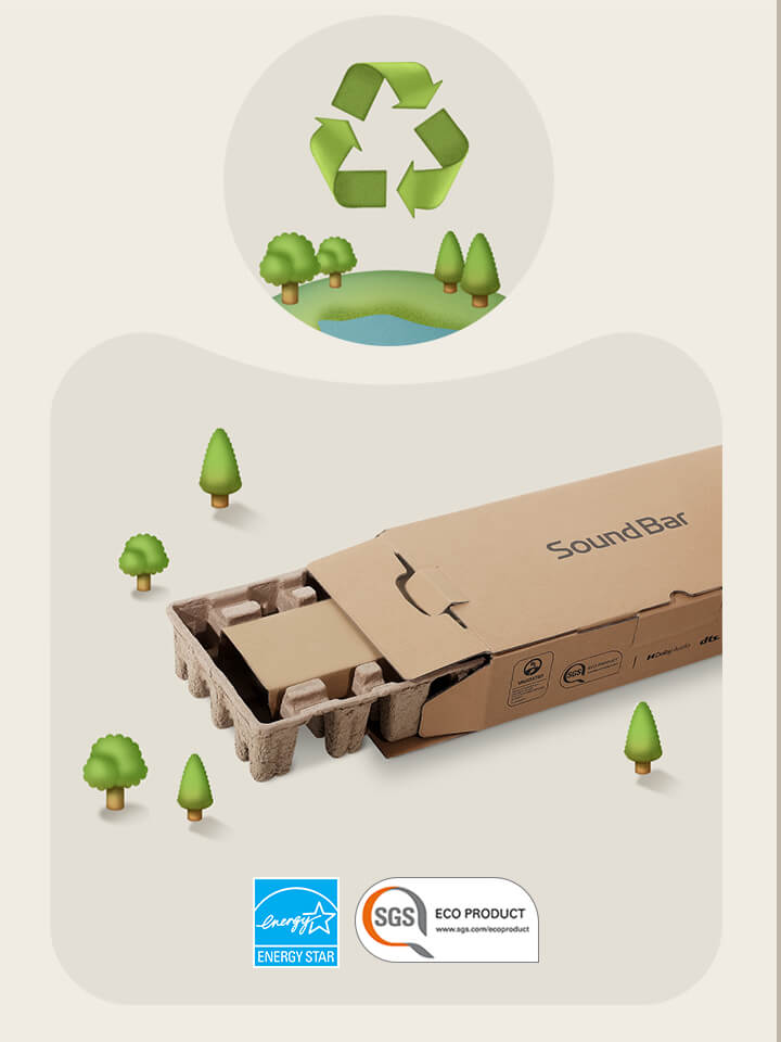LG Soundbar packaging is against a beige background with illustrated trees. Energy Star logo SGS Eco Product logo