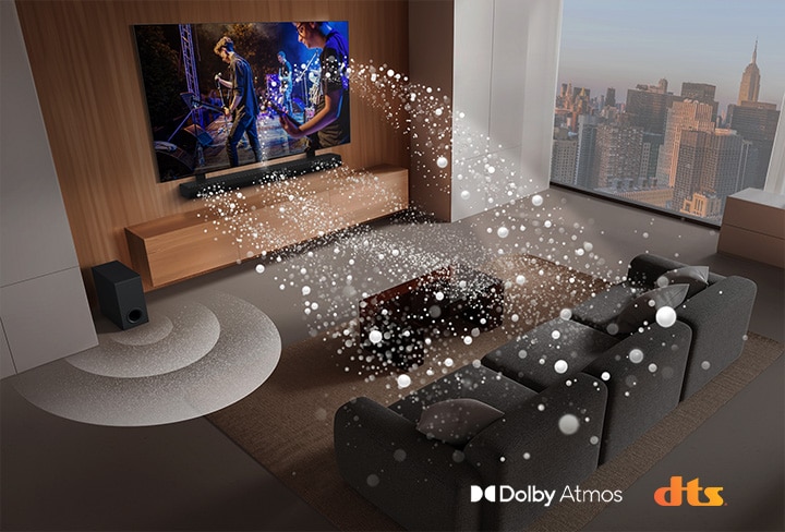 LG Soundbar, LG TV and a subwoofer are in a living room of a skyscraper, playing a musical performance. White soundwaves made up of droplets project from the soundbar, looping around the sofa. A subwoofer is creating a sound effect from the bottom. Dolby Atmos logo DTS X logo