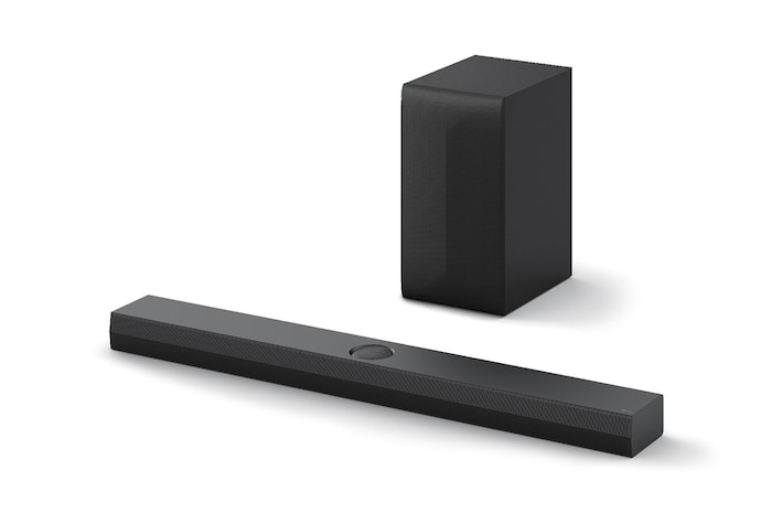 Top angled view of LG Soundbar S70TY and subwoofer