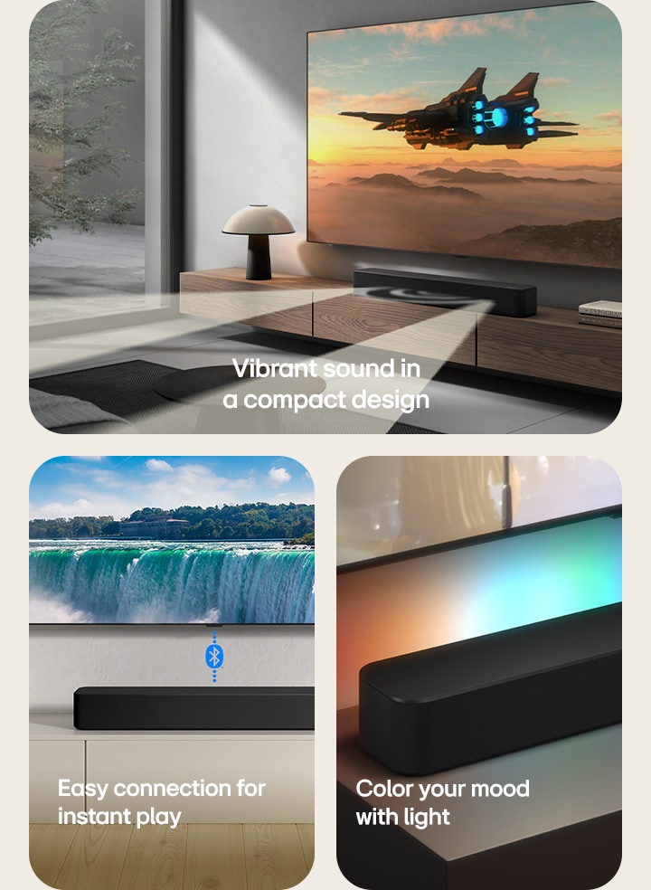 On the left image TV with scientific content is shown and SF1A soundbar is placed right below. On the floor the soundbar's sub woofer also stands. White semi-transparent sound waves are coming widely out of soundbar and the subwoofer. In the center image a TV is placed and showing a scene of  a couple is staring at each other in front of a floor lamp. Below the TV there stands a SF1A soundbar. On the right image a wall-mount TV is showing LG webOS home screen and SF1A is placed below the TV, on the TV table. On the left a LG TV remote control is partially shown and on the right 4 icons are showing WOW Interface features.