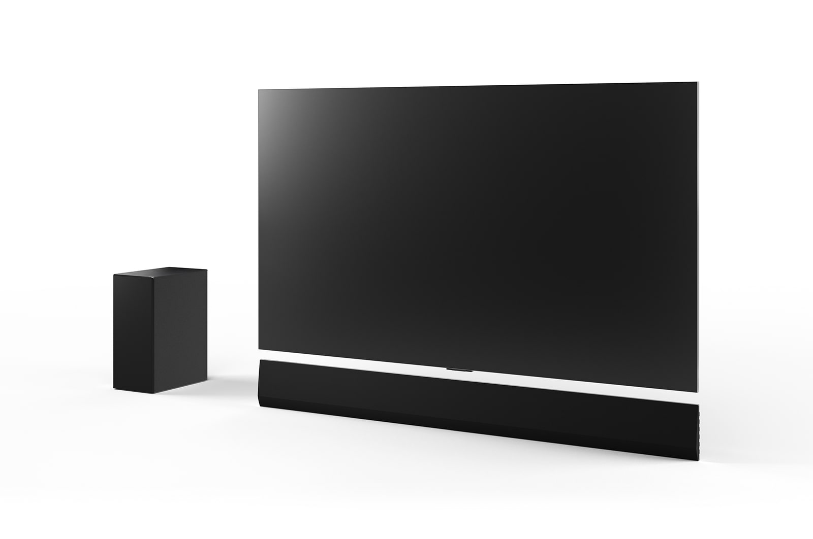 Angled view of 65inch LG OLED G4, LG Soundbar SG10TY, and Subwoofer