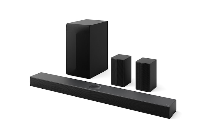 Angled view of LG Soundbar SQ75TR, subwoofer, and Rear Speakers