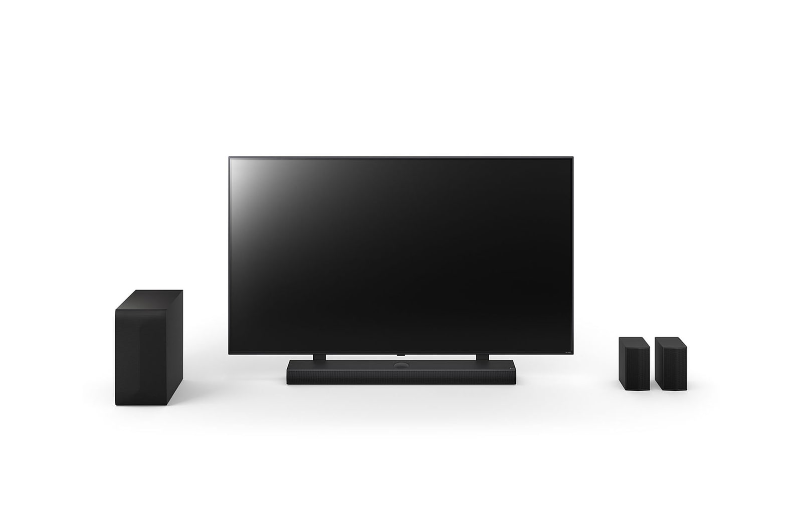Front view of 65inch LG QNED, LG Soundbar SQ75TR, Rear Speakers, and subwoofer