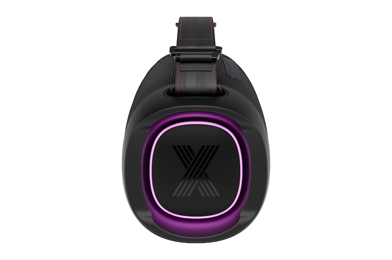 Front view of the woofer with a purple lighting on.