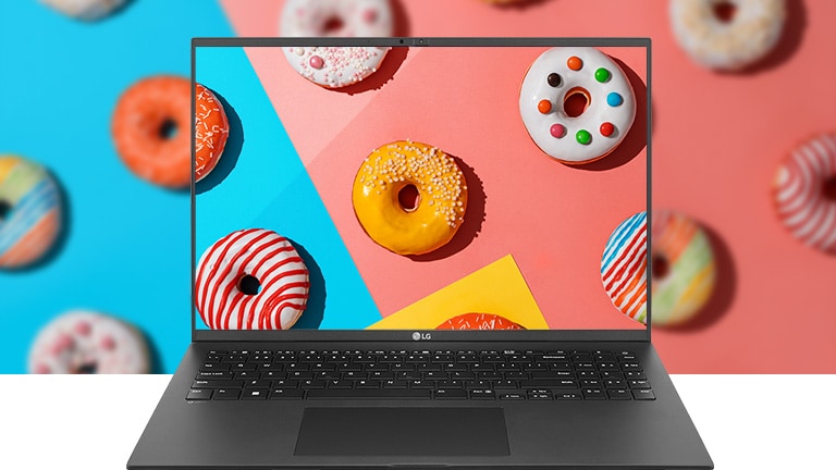 It shows the DCI-P3 99% (Typ.) wide color gamut with vivid and colorful donuts on the screen.