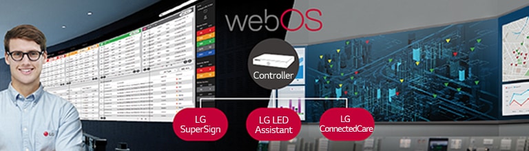 An LG service man is monitoring the status of the LED screen through the LG webOS controller and software solutions.