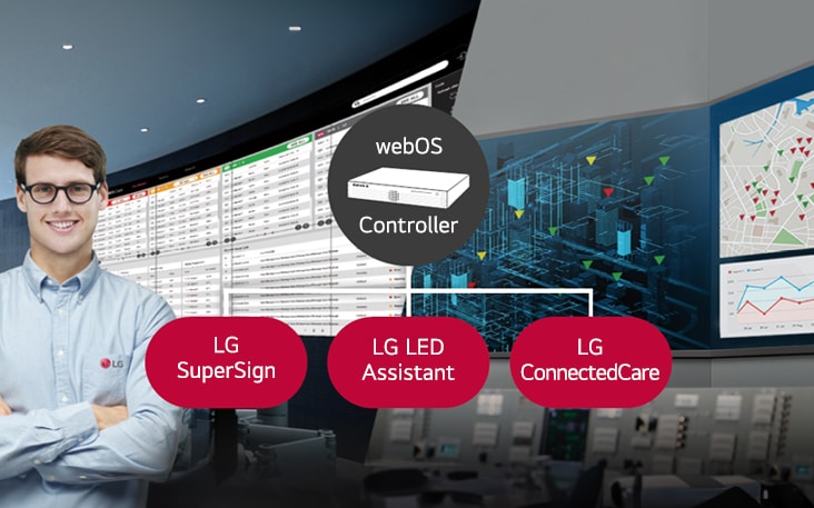 The LG employee is remotely monitoring the LSCC series installed in a different place by using a cloud-based LG monitoring solution. System controller with webOS enables the LSCC series to be compatible with LG software solutions.